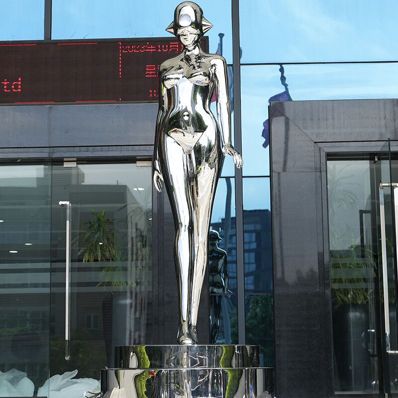 Large Rotate Robot Girl Sculpture Led Light Stainless Steel Figure Sculpture