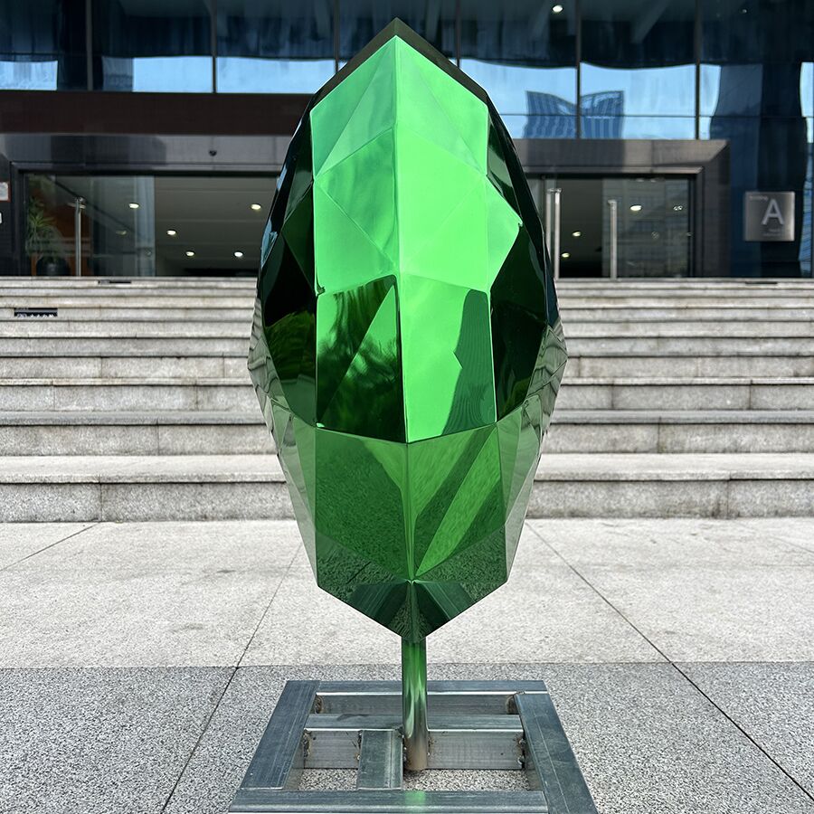 Modern Stainless Steel Leaf Sculpture | Green Gemstone Metal Art for Garden & Interior Decoration - Image 4