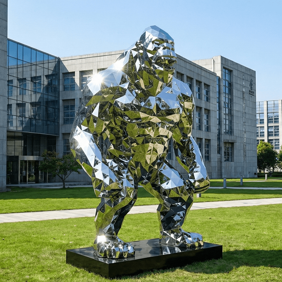 Mirror Polished Geometric Faceted Stainless Steel Gorilla Sculpture for Luxury Mall & Public Space - Image 4