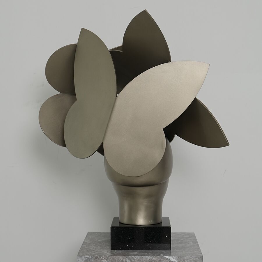 Abstract Stainless Steel Head Sculpture with Layered Petal Forms for Interior Décor - Image 4