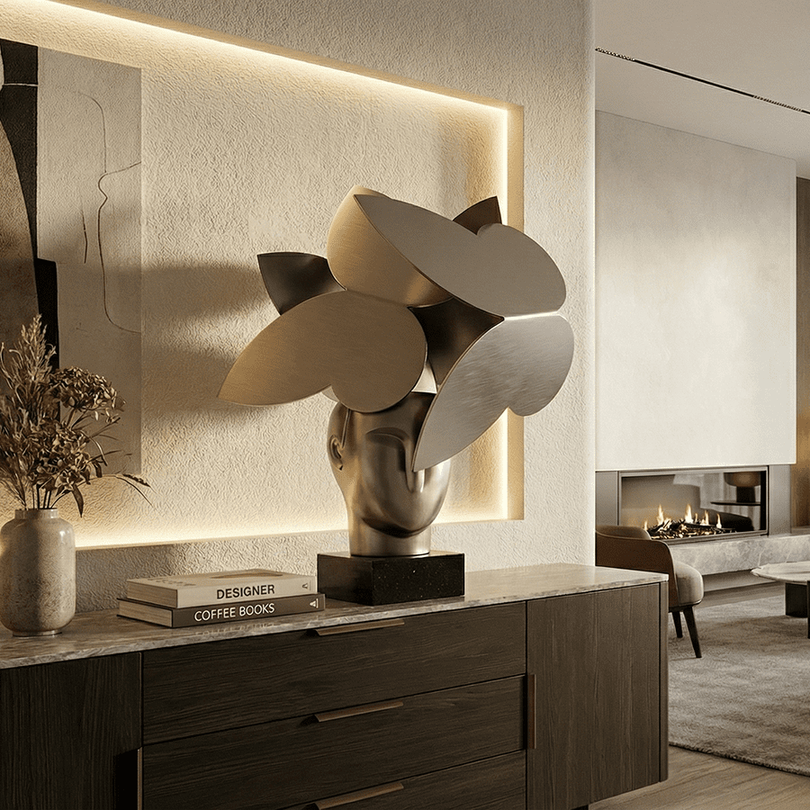 Abstract Stainless Steel Head Sculpture with Layered Petal Forms for Interior Décor