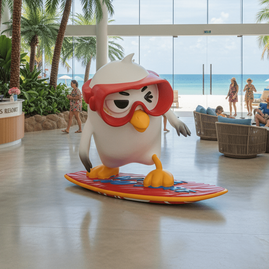 fiberglass cartoon surfing bird sculpture 1