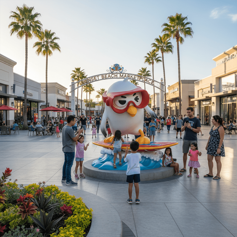fiberglass cartoon surfing bird sculpture 2